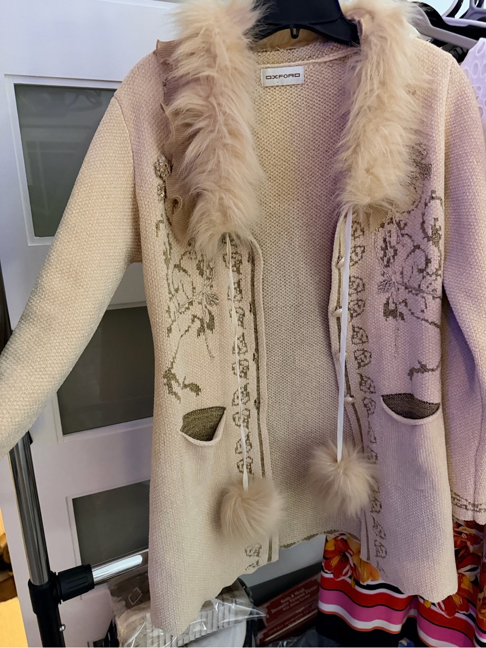 Oxford Cream Faux-Fur Trim Knit Cardigan with Pom-Pom Ties
